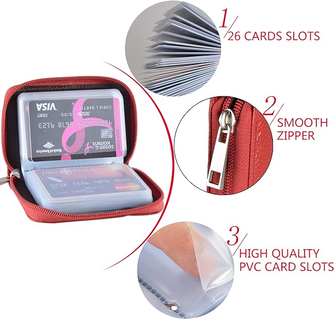 Easyoulife Genuine Leather Credit Card Holder Zipper Wallet With 26 Card Slots