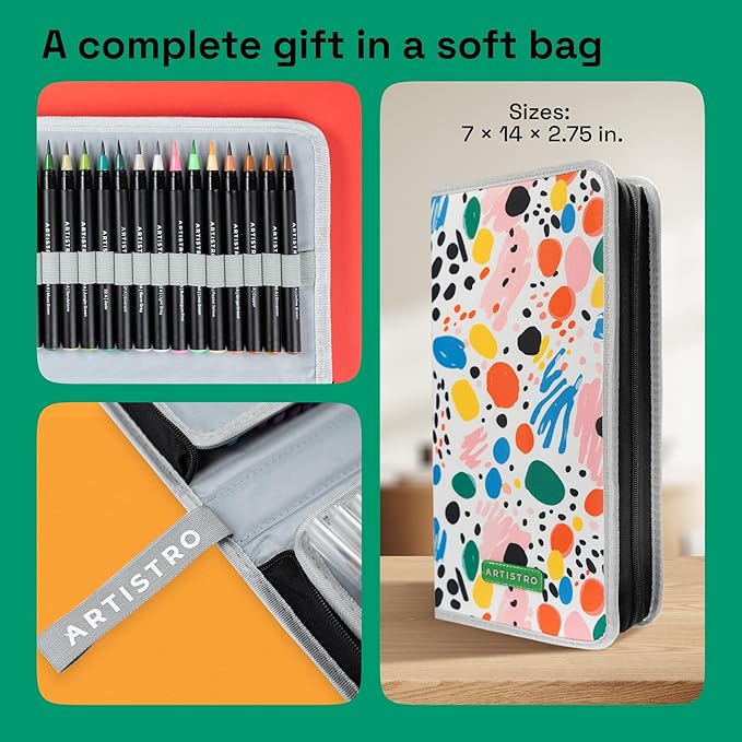 ARTISTRO 100 Watercolor Markers Teacher Appreciation Gifts – Brush Pens, Fineliner, Water Brush, Portable Bag – Vibrant, Washable, Non-Toxic – Ideal Gift for Women for Coloring, Calligraphy & Art