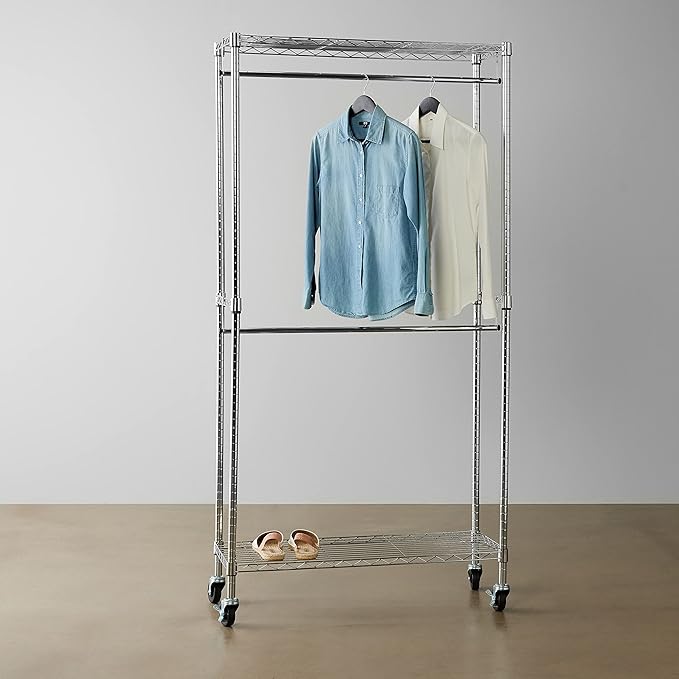 Amazon Basics Adjustable Clothes Rack for Handing, Double Hanging Rod Garment Rolling Closet Clothing Organizer, Chrome, 36'' x 14'' x 72''