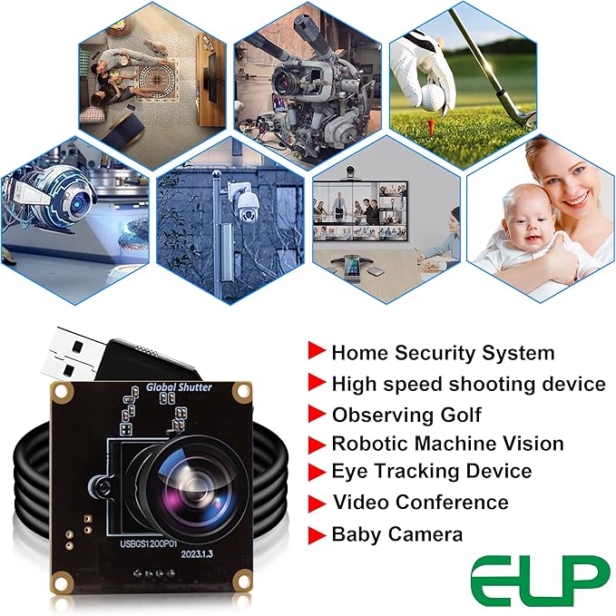 ELP High Speed Wide Angle Global Shutter USB Camera Module for Computer 1080P Mini UVC USB2.0 Webcam Board with 120degree No Distortion Lens AR0234 High Frame 90fps Web PC Camera Board for Laptop