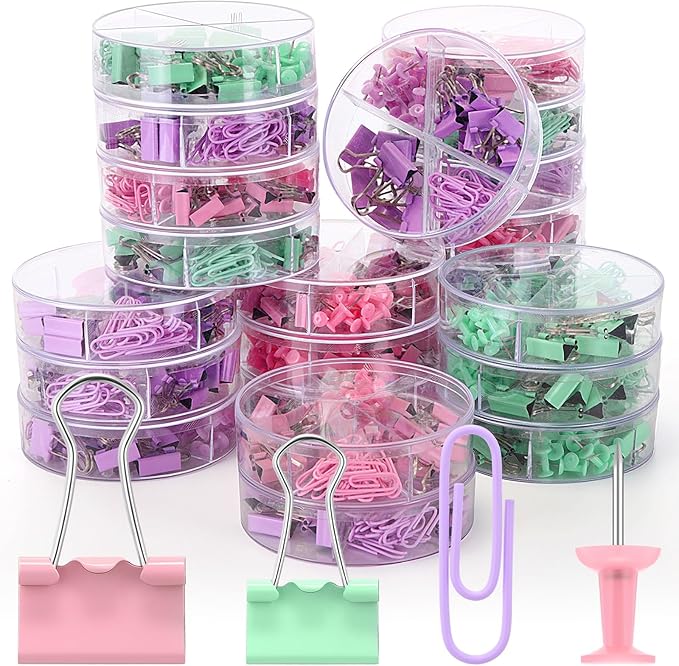 1560 Pcs Paper Clips and Binder Clips Assorted Sizes, Large Medium Small Binder Clip Paperclips Thumb Tacks, College Supplies Home Office Supplies Document Organizing(Pink, Purple, Green)