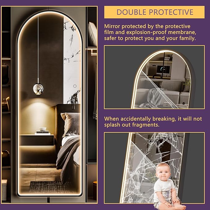 Hasipu 63" x 22" Led Mirror Full Length, Full Body Mirror with Lights, Arch Design, Wall Mounted, English Style