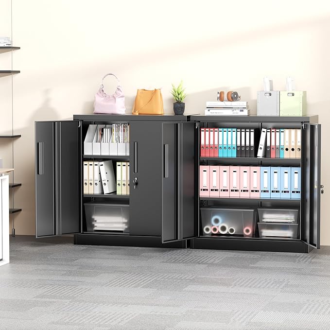 Greenvelly Metal Garage Storage Cabinet,36" Black Lockable Metal Cabinets with 2 Doors and Shelves,Storage Locking Counter Cabinet for Home Office,Garage,Kitchen,School