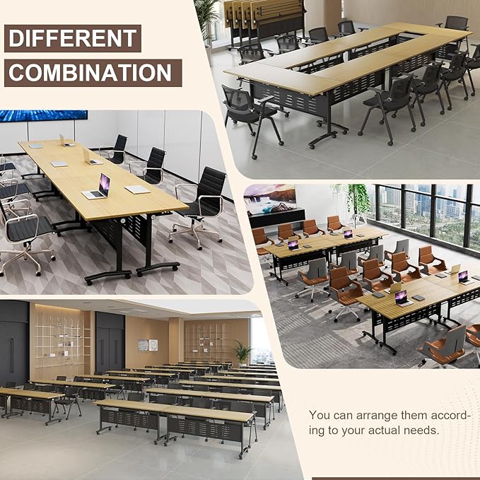 Folding Conference Room Table, Modern Conference Tables with Wheels, Large Rectangular Mobile Training Tables for Office Classroom, Foldable Modular Boardroom Seminar Table Maple (6pack L70.9in)