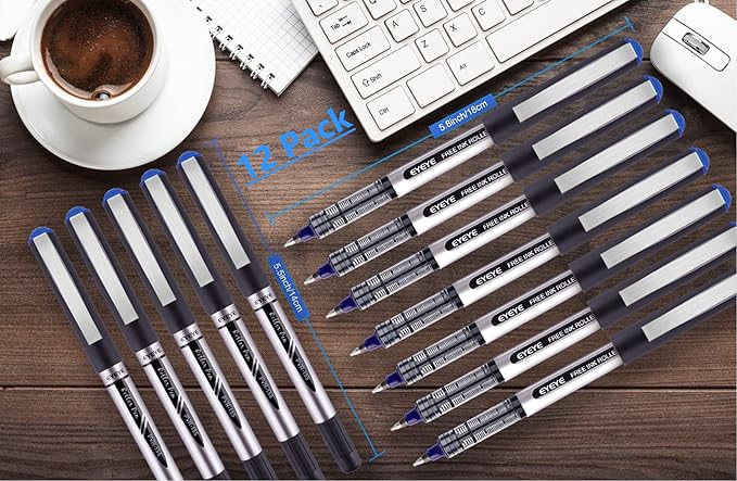 EYEYE 0.7mm Blue Pens Roller Ball, 12 Pack Medium Point Rollerball Pen Quick Dry, Liquid Ink Pens Fine Point Smooth Writing Pen for Journaling, Note Taking, Office, School Supplies