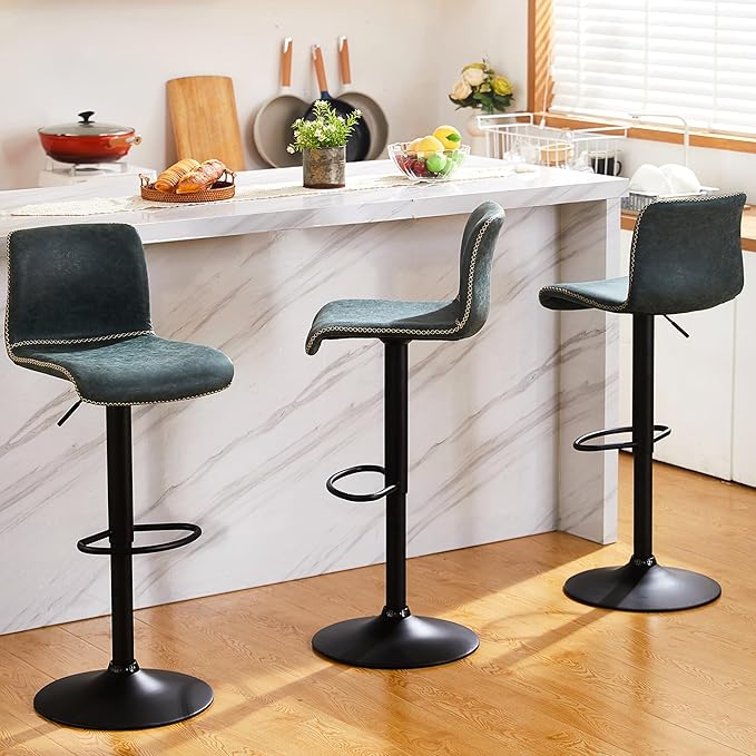 HeuGah Bar Stools Set of 4, Swivel Counter Height Barstools with Back, Adjustable Height 24" to 32", Faux Leather Bar Chairs for Kitchen Island (Deep Teal, Set of 4 (24'' to 32''))