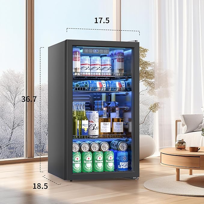 Beverage Refrigerator Cooler, 120 Can Drink Fridge with Glass Door for Soda Beer or Wine, Digital Temperature Control, Mini Fridge for Bedroom, Bar, Office (Black, 3.23 Cu.Ft)