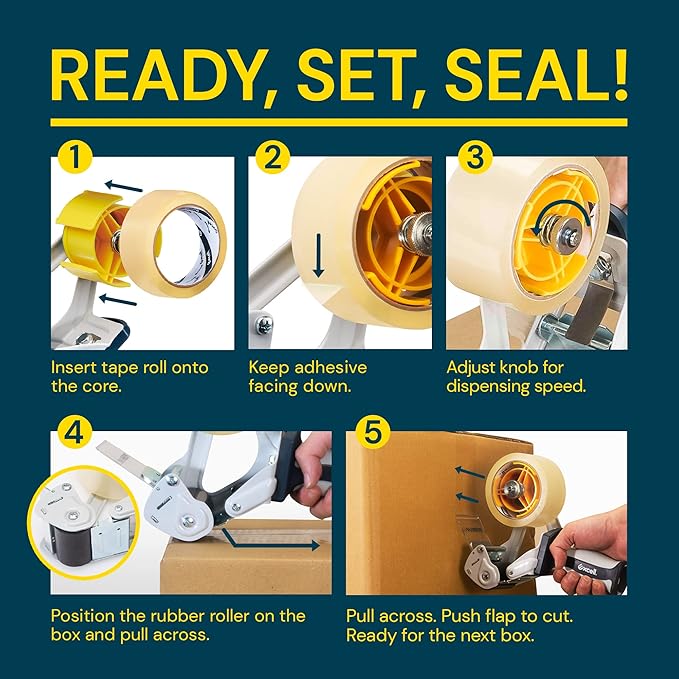 Excell EXC-828PL PUSHFLAP Tape Dispenser (2 Inch Wide), Manual, Metal/Plastic, 3 Inch Core for Carton Sealing & Packing, Easy One-Hand Operation - 1 Set + 2 Rolls of Transparent Tape