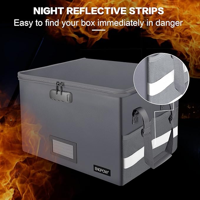 ENGPOW File Box with Lock, Fireproof Document Box with Pockets, Collapsible File Organizer Filing Storage Cabinet with Handle, Portable Home Office Safe for Hanging Letter/Legal Folders,Silver,2 Pack