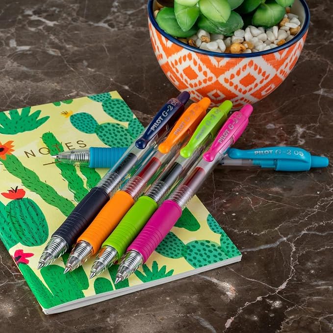 G2 Retractable Premium Gel Ink Roller Ball Pens Extra Fine Point (.5mm) Black/Blue/Red/Green/Purple Ink 5 pack; Refillable & Premium Comfort Grip Bundle with Plastic Reusable Pouch