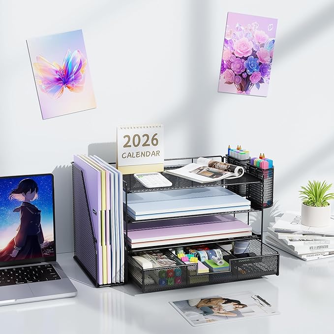 gianotter Desk Organizers and Accessories with File Holder, 4-Tier Desk Accessories & Workspace Organizers with Drawer and 2 Pen Holder, Paper Organizer for Office Supplies (Black)