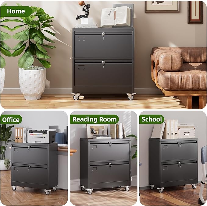 Aobabo 2 Drawer Wide File Cabinet with Wheels, Lockable Metal Filing Cabinet for Home Office, Legal/Letter Size,Black,Required Assembled,15.87" D x 28.94" W x 34" H