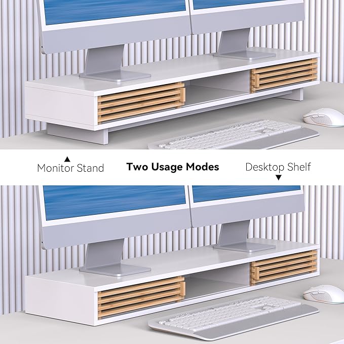Dual Monitor Stand Riser with Sliding Door, Double Computer Laptop Stand Desk Shelf Organizer with Storage (White + Natural Bamboo, 38 Inch)