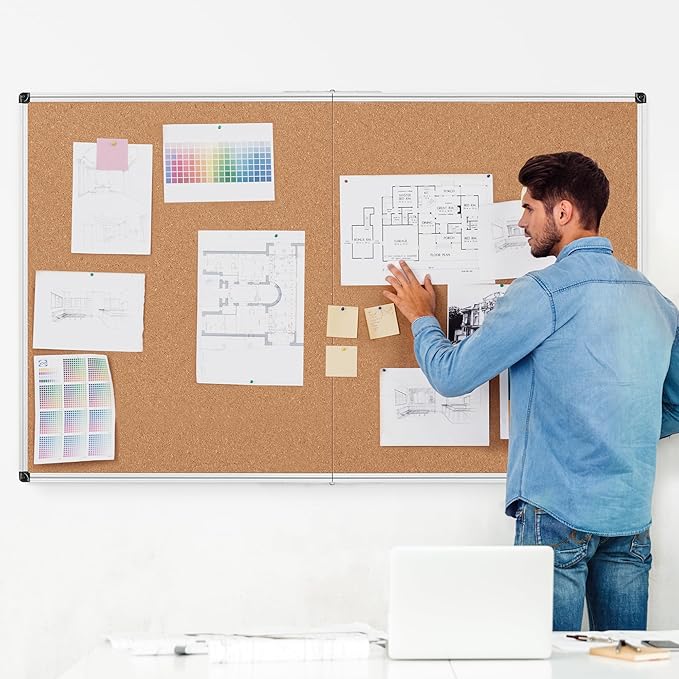 Board2by Extra Large Cork Bulletin Board 72" X 48", Foldable Notice Pin Board for Wall, Silver Aluminum Framed 6'x4' Corkboard, Wall Mounted Noticeboard with 36 Push Pins for School, Home & Office