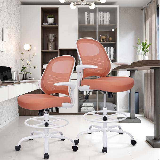 HYLONE Tall Drafting Chair Standing Desk Chair with Flip-Up Armrests, Adjustable Height Ergonomic Office Chair with Footrest Ring - High Stool Chair for Standing Desk (Pink)