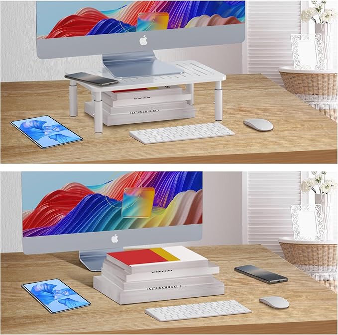 Bracwiser Monitor Stand Riser, Metal Computer Stand, 3 Height Adjustable Screen Riser with Mesh Platform for PS4, Laptop, Printer, Notebook and All Flat Screen, Holds Up to 20KG,White