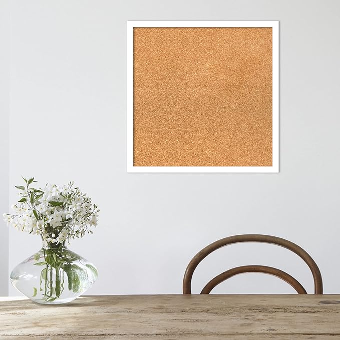 Amanti Art Natural Cork Board for Wall, 19x19 Vision Board with White Frame, Small Corkboard Office Decor for Home Organization, Modern Corkboard Pinboard to Display Items for Home Organization in