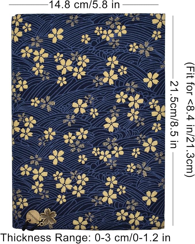 BLBMH A5 Book Cover for Paperbacks Adjustable Fabric Book Jacket Cover Protector Fit for 5.5x8.3 inch Hardcover Softcover Book Novels Notebook -Blue Cherry Blossoms 8.3in