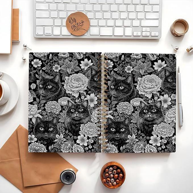 Cat Notebook Journal, Vintage Black White Floral Cats Spiral Notebook for School Supplies, Cat Lover Gifts for Women Men, Black Cat Gifts for Girls 5.5x8.3 Inch
