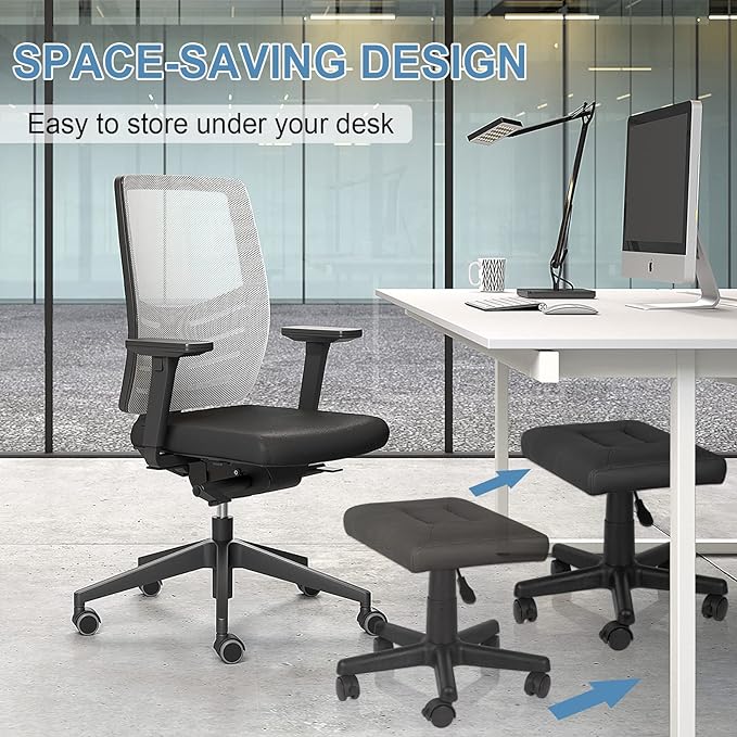 Footrest Stool Under Desk Adjustable Height Footrest Ottoman Ergonomic Foot Stool with Wheels 360° Rolling for Home Office (Black-1)