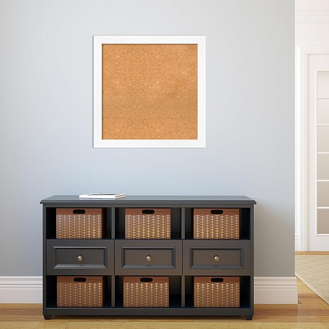 Amanti Art Natural Cork Board for Wall, 27x27 Vision Board with White Frame, Medium Corkboard Office Decor for Home Organization, Modern Corkboard Pinboard to Display Items for Home Organization in