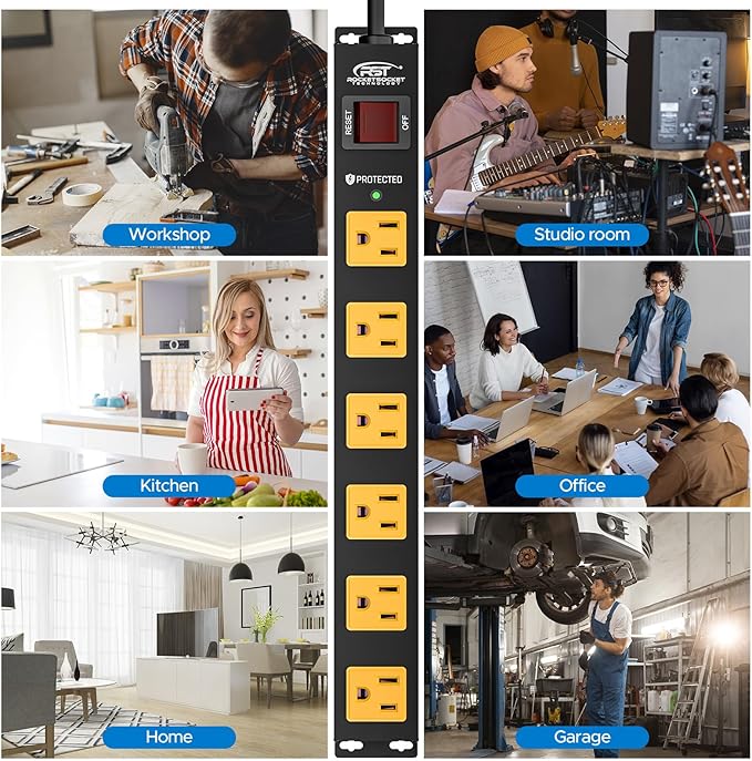 CRST 2Pack 6 Outlet Surge Protector Power Strip 2100J with Switch, 15A/1875W Heavy Duty Mountable Power Strip, Wide Spaced Power Bar for Garage Worshop Home School, 6 FT Cord( Black+Yellow)