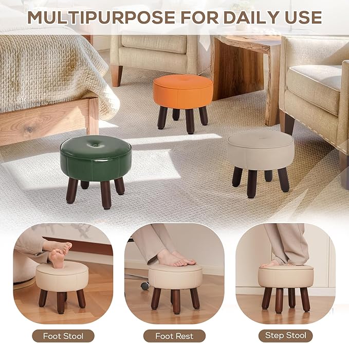 13in Small Foot Stool Ottoman, Round Faux Leather Foot Rest for Couch, Under Desk Pouf Footstool Footrest with Non-Skid Rubber Legs for Ling Room, Bedroom, 13''L x 13''W x 10.2''H, Beige