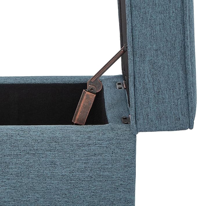 Adeco 17" Square Ottoman with Storage, Small Blue Storage Ottoman Foot Rest with Hinged Lid & Solid Wood Legs, Linen Fabric Foot Stool for Living Room & Bedroom