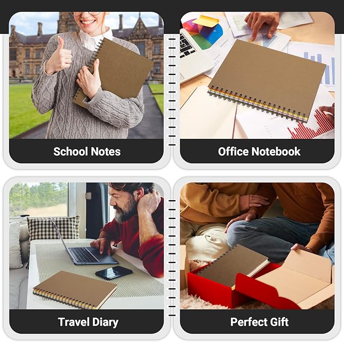 EUSOAR Spiral Notebook 5 Subject, 3pcs A4 11" x8-1/2 College Ruled Writing Pad, Thick Hardcover, 100GSM 120Sheets/ 240Pages of Lined Paper, for Journals, Students, Office and Business, Kraft