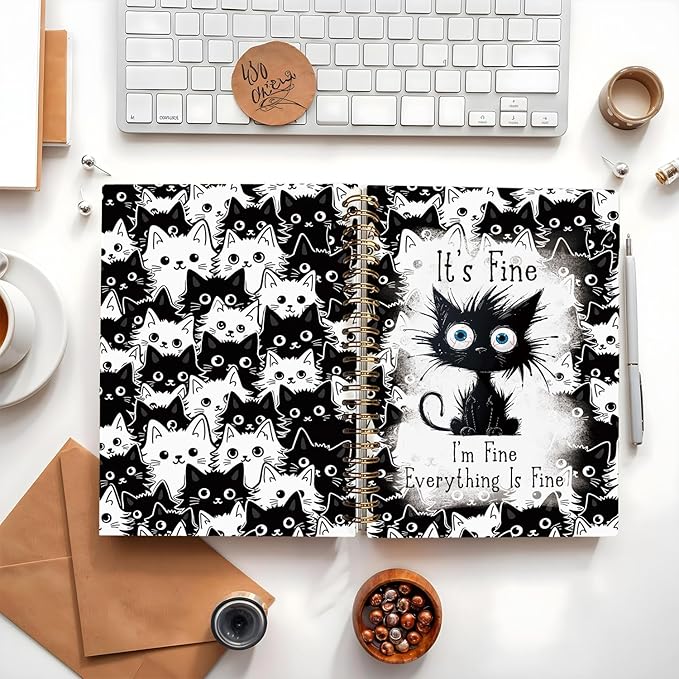 Funny Cat Journal Spiral Notebook for Teen Girls, Cute Notebooks for School Aesthetic, Cat Lover Gifts for Women Men, It's Fine I'm Fine Everything is Fine, cat notepad 5.5x8.3 Inch