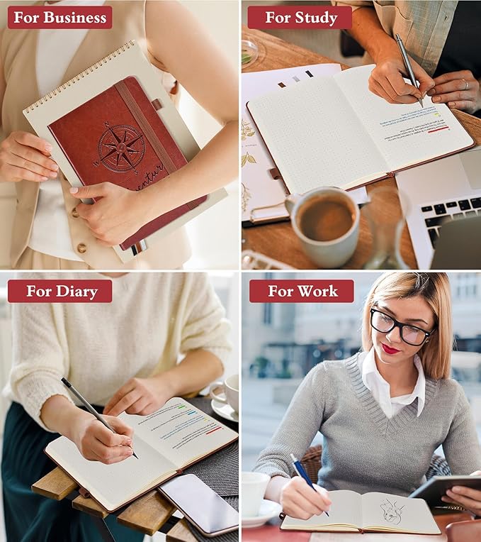 Dotted Journal Notebook for Women Men, 160 Pages Dot Grid Paper,Inner Pocket, A5 Hardcover Vintage Leather Notebooks for School, Work, Travel, Note Taking,Bullet Journaling 5.8"x8.5" (Brown)