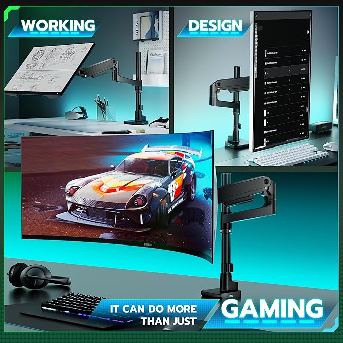 ARES WING Ultrawide Monitor Mount with USB A/C, with Extended Column for 17 to 49 inch Heavy Duty Monitor, Holds 44 lbs, Adjustable Gas Spring Desk Mount, Black