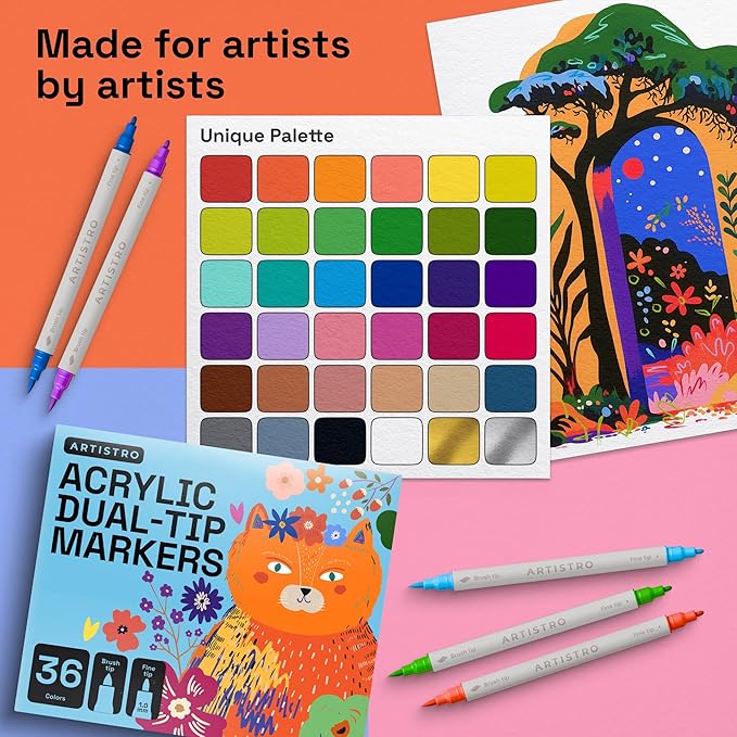 ARTISTRO 36 Dual Tip Fabric Markers - Acrylic Drawing Markers for All Ages & Levels - Fabric Paint Pens for Personalizing Clothes, T Shirts, Bags, Canvas, Textiles (Brush + Fine)