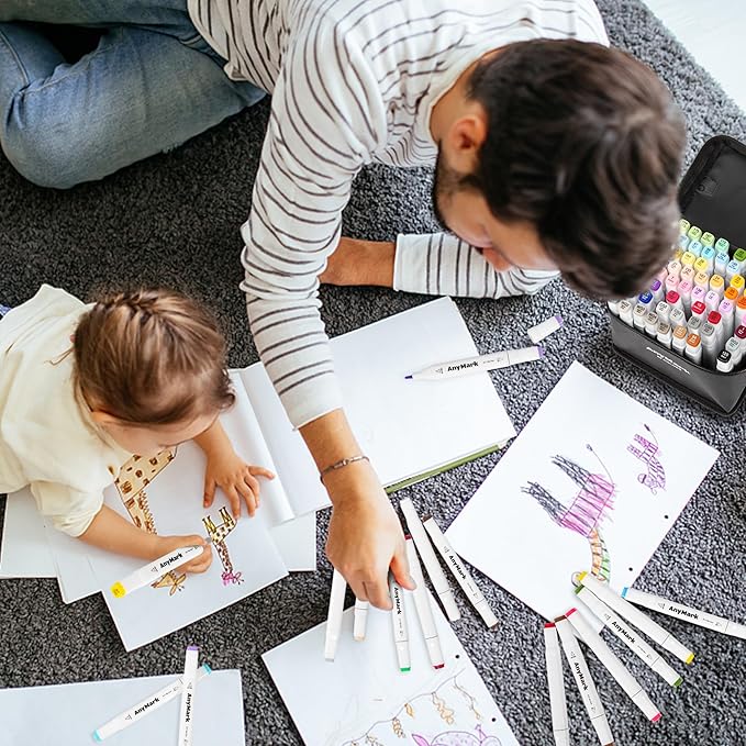 AnyMark Alcohol Markers, 80 Colors Dual Tip Art Coloring Markers Set for Kids Adult Book Drawing Sketching Painting, Chisel & Fine, White Penholder