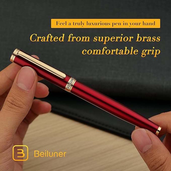 BEILUNER Red Fountain Pen,Stunning Luxury Lacquer,24K Gilded Nib(Fine),Gorgeous 24K Gold Finish,Ink Converter, Fancy Gift for Men&Women-Elegant, Executive,Office, Elegant, Nice Pens for Writing