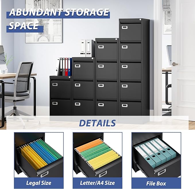 5 Drawer File Cabinet, Filing Cabinets for Home Office, Vertical File Cabinet with Lock, 61.6" H Locking File Cabinet for A4 Legal/Letter, Assembly Required (Black)