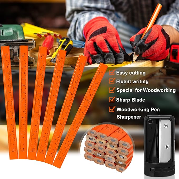 Honoson 200 Pcs Flat Construction Pencils with Printed Ruler Wood Graphite 2 Pcs Carpenter Pencil Sharpener for Woodworking Marking Tool(Orange)
