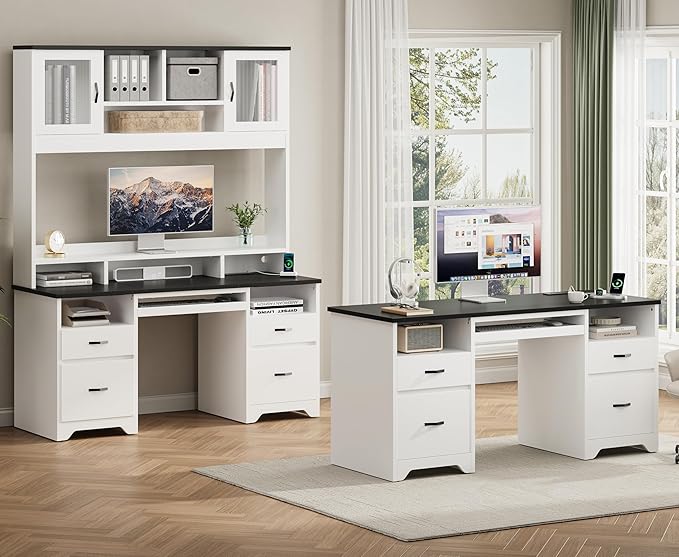 Bestier 77.8" H Executive Desk with Hutch, Modern Wood Computer Desk with Drawers, Charging Station, LED Light, Fluted Storage Cabinet, Keyboard Tray, 59" W Office Desk for Home Office, White