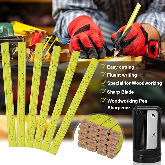 Honoson 200 Pcs Flat Construction Pencils with Printed Ruler Wood Graphite 2 Pcs Carpenter Pencil Sharpener for Woodworking Marking Tool(Yellow)