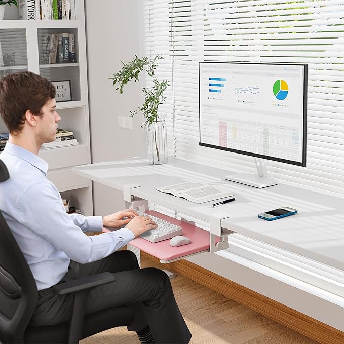 BONTEC KMT01-PJ Under Desk Keyboard Tray, Pull-Out Keyboard & Mouse Platform with C-Clamp, 20 x 11.8 in Space-Saving Ergonomic Slide-Out Drawer, Pink