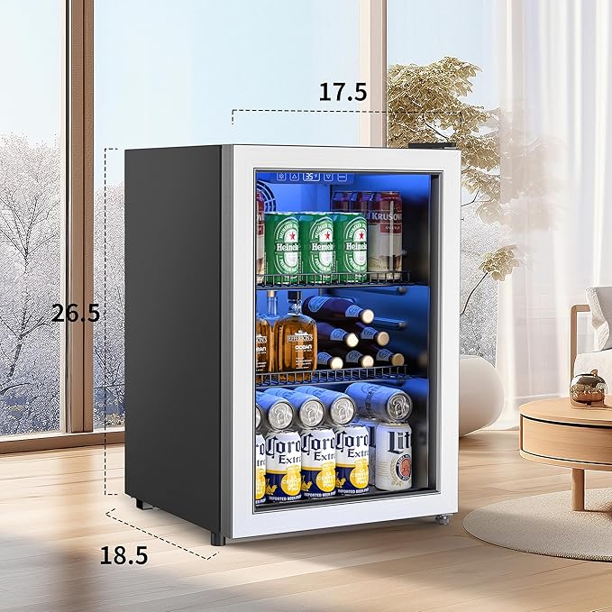Beverage Refrigerator and Cooler, Freestanding Drink Dispenser for Soda Beer or Wine,90 Can Mini Fridge with Glass Door,Digital Temperature Control,Home, Bar, Office (Silver, 2.48 Cu.Ft)