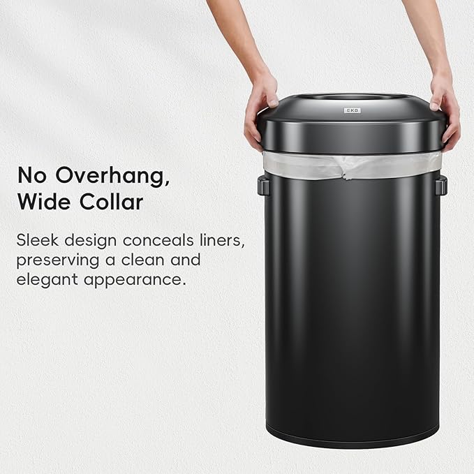 EKO 16-Gallon Round Black Stainless Steel Open Top Trash Can, Large Commercial Waste Bin with Detachable Lid and Carrying Handle, Brushed Metal Garbage Bin for Home, Office, Restaurant, Restroom