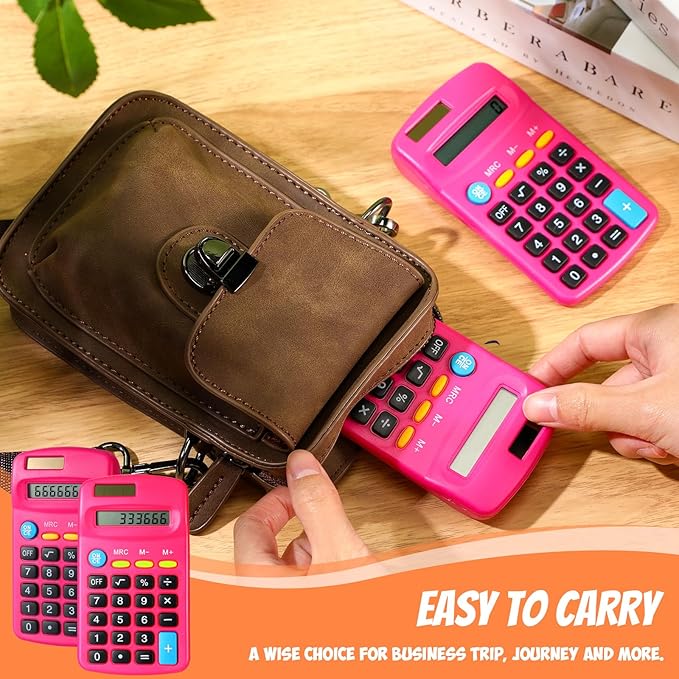 24 Pieces Basic Calculators for Students Small Pocket Size 8 Digit Display Mini Calculators Dual Powered Handheld for School Desktop Home(Rose Red)