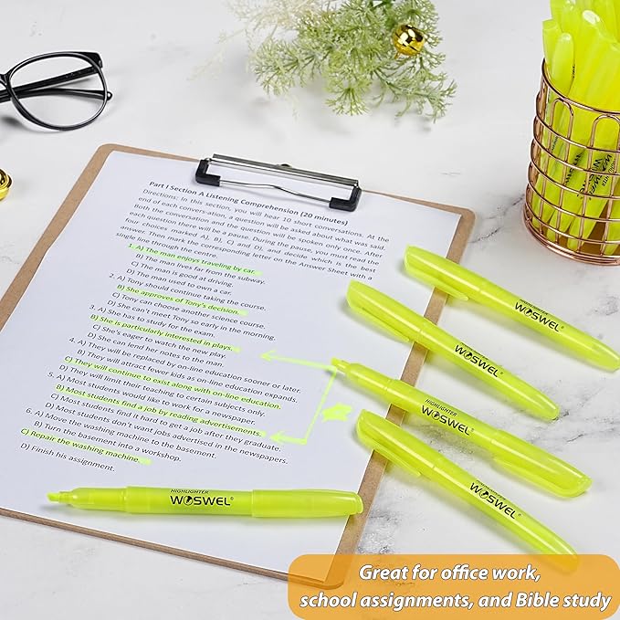Highlighters Bulk, Woswel 120 Pack Fluorescent Yellow Highlighter Markers Set for Underlining, Color Transparent Visible Fluorescent Pen Shell, Wide Chisel Point Mark,Perfect for Classroom,Office,Home