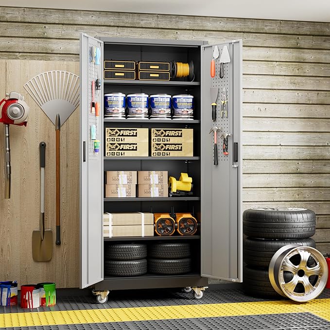 Aobabo Upgraded Garage Storage Cabinets with Wheels,Metal Storage Cabinets with 5 Adjustable Shelves for Garage Home Office Storage, Black&Dark Grey,71''H*32''W*16''D,Assembly Required