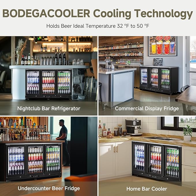 BODEGACOOLER Back Bar Cooler With 3 Glass Doors,Counter Height Beverage Refrigerator,12 Cu.Ft Commercial Display Bar Fridge with LED Lighting,21 inch Beverage Cooler for Beer,Soda Drinks,Wine