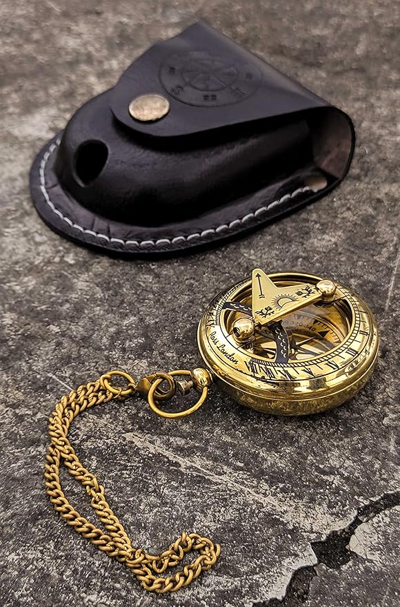 Brass Sundial Compass with Leather Case and Chain - Push Open Compass - Steampunk Accessory - Pocket Sundial Compass - Beautiful Handmade Gift -Sundial Clock, Gold, 2 Inch