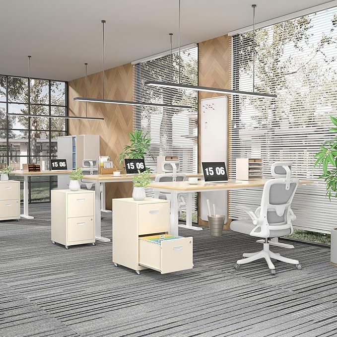 2 Drawer File Cabinet with Lock,Cream Rolling File Cabinet for Home Office, Metal Small Mobile Filing Cabinets on Wheels for Hanging Letter