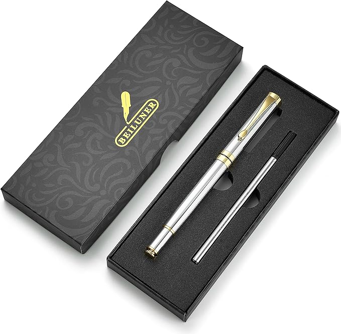 BEILUNER Ballpoint Pens, Stunning Bright Silver Chrome Metal Pen with Golden Trim, Fancy Ball Pen Gift Set for Men & Women, Graduation, Executive, Office, Nice Gift Box with 0.5mm Black Spare Refill