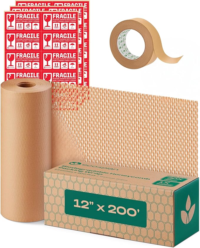 Honeycomb Packing Paper | Extra Thick 90 GSM Packing Wrap | Biodegradable Packing Materials: 12” x 200’ Moving Paper + 195’ Cellulose Adhesive Tape + 30 Fragile Stickers | Paper Bubble Wrap